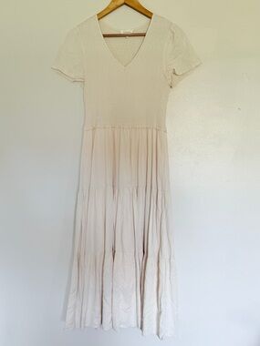 Bohme Midi Dress Cream Short-Sleeve Smocked Bodice Tiered lined